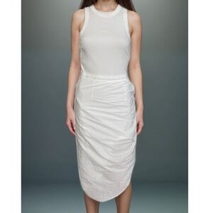 Veronica Beard Midi Ruched Dress Women Sz XS White Ribbed Top Sleeveless Coastal